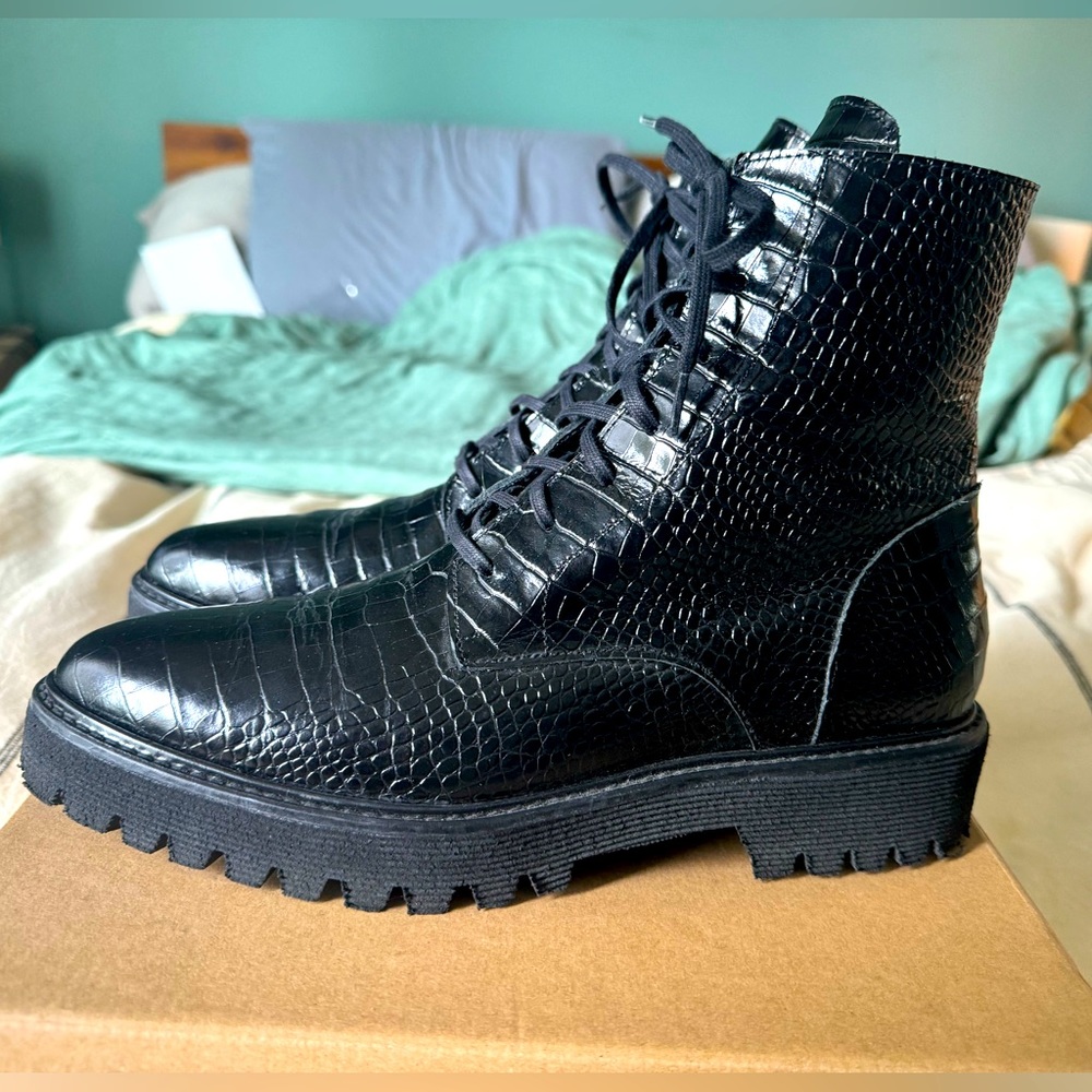 Freda Salvador Emi Lug Boot in Black Embossed Croc, Size 8.5, Barely Worn